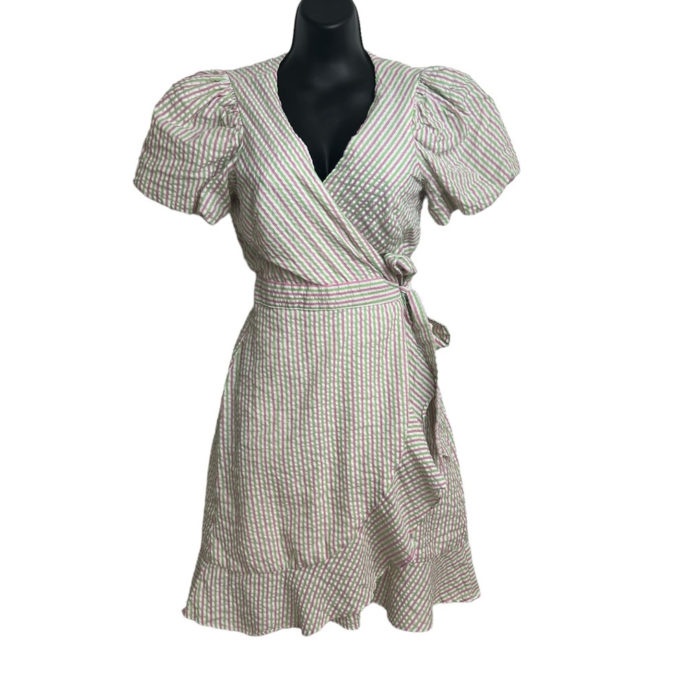 DRAPER JAMES SEERSUCKER TRUE WRAP BOHO ROMANTIC FRILLY ABOVE THE KNEE DRESS. XS